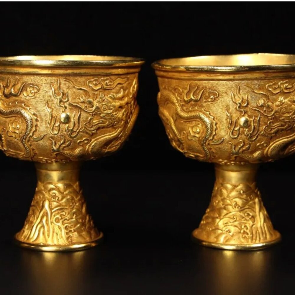A Pair Chinese Gilt Gold Bronze Wine Cups w Double Dragon Chasing Fire Ball